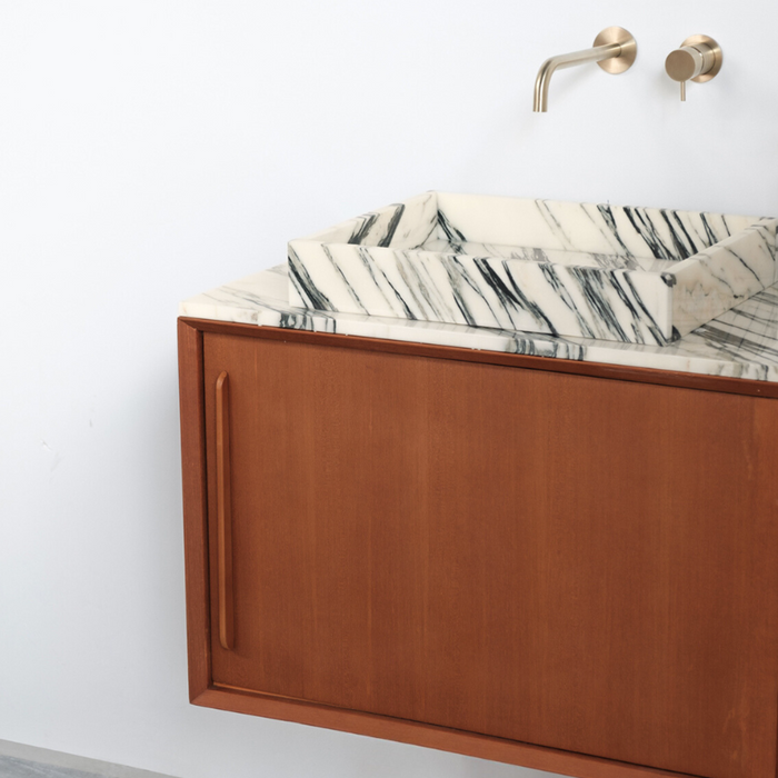 Badkamermeubel Bill teak met blauw-wit marmeren wastafel en wasplaat