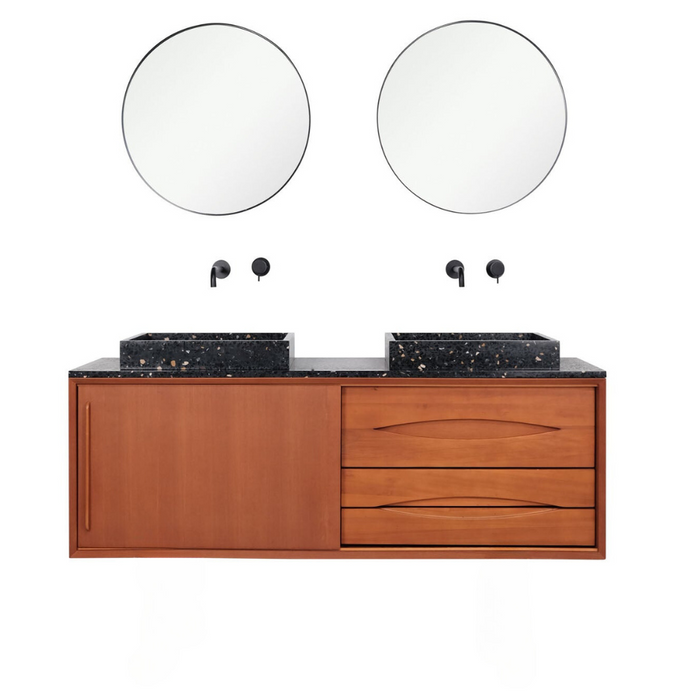 Bill teak bathroom set with black terrazzo countertop and basins