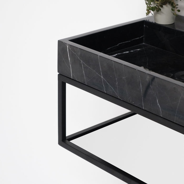 Lucern black metal bathroom vanity with black marble basin, George, with faucet hole