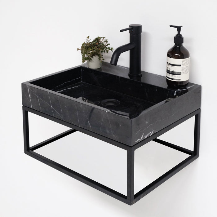 Lucern black metal bathroom vanity with black marble basin, George, with faucet hole