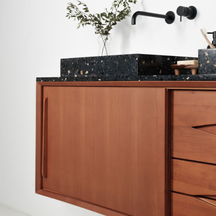 Bill teak bathroom set with black terrazzo countertop and basins