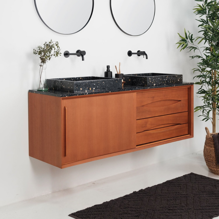 Bill teak bathroom set with black terrazzo countertop and basins