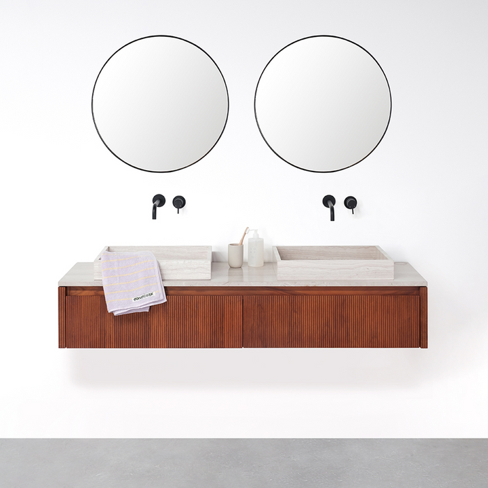 Set Ahun Badkamermeubel in Walnoot met Marcel Bovenplaat en George Wastafel in Beige Marmer.ALT