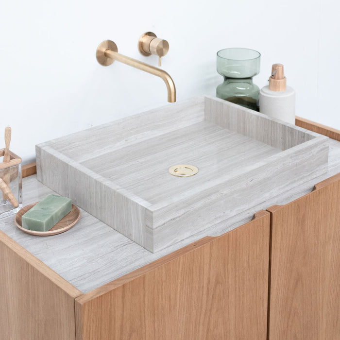 Beige Marmeren Wastafel George op een Eiken Badkamermeubel van 80cm