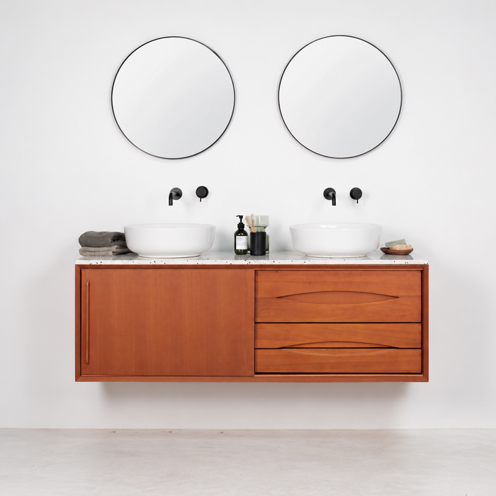 Meuble de salle de bains Bill en teck avec plateau supérieur en terrazzo et lavabo Alexis II