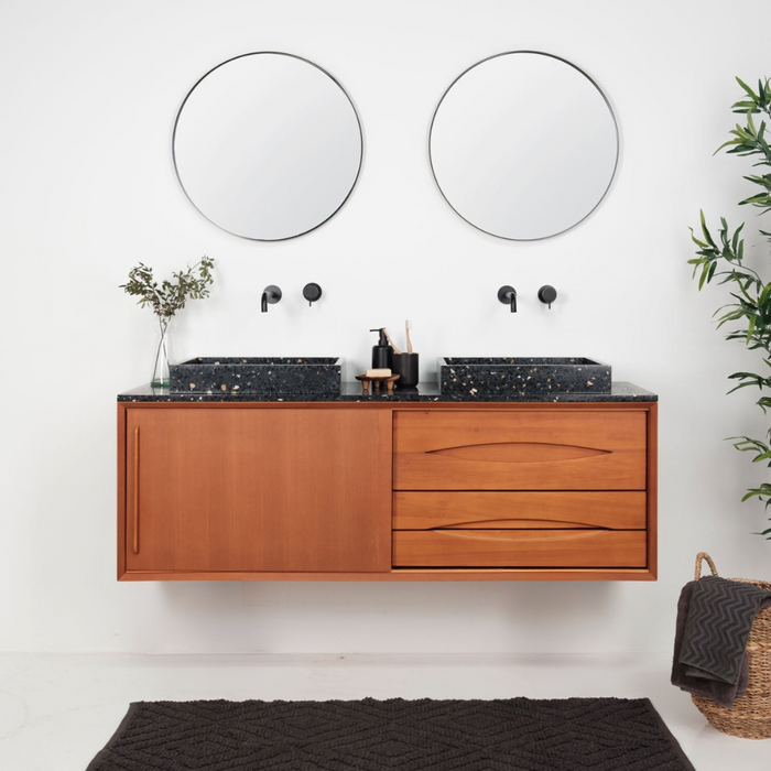 Bill teak bathroom set with black terrazzo countertop and basins