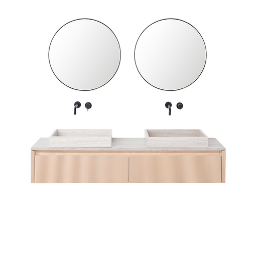 Set Ahun Badkamermeubel in Eik met Marcel Bovenplaat en George Wastafel in Beige Marmer.ALT