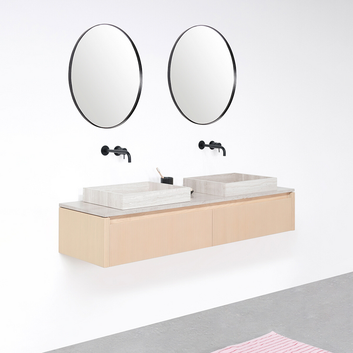 Set Ahun Badkamermeubel in Eik met Marcel Bovenplaat en George Wastafel in Beige Marmer.ALT