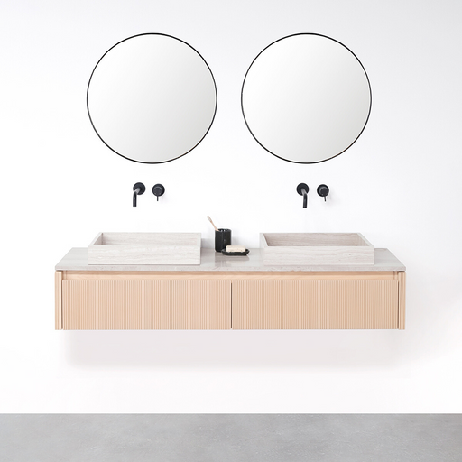 Set Ahun Badkamermeubel in Eik met Marcel Bovenplaat en George Wastafel in Beige Marmer. ALT