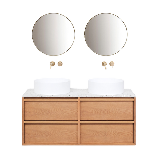 Set Fien Badkamermeubel in Eik met Marcel Bovenplaat in Terrazzo en Sims Waskom in Solid Surface.