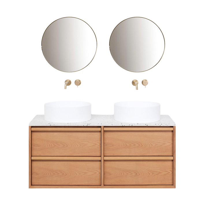 Set Fien Badkamermeubel in Eik met Marcel Bovenplaat in Terrazzo en Sims Waskom in Solid Surface.