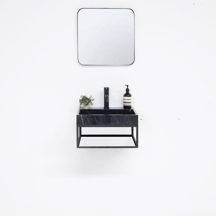 Lucern black metal bathroom vanity with black marble basin, George, with faucet hole