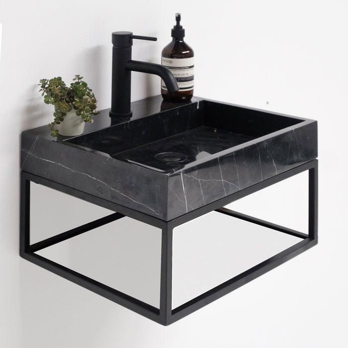 Lucern black metal bathroom vanity with black marble basin, George, with faucet hole