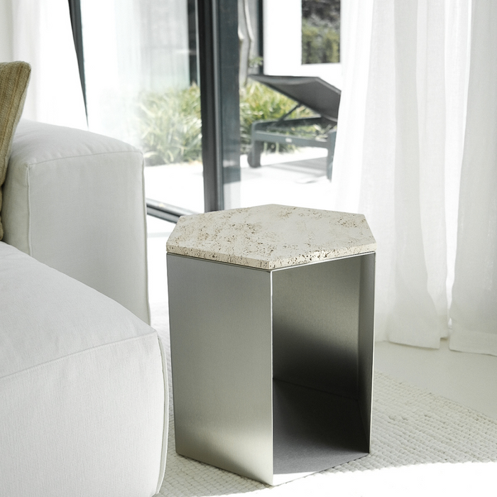 Mesa de centro hexagonal de travertino y acero inoxidable