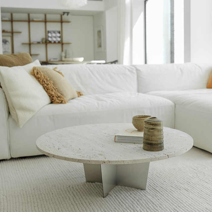 Bonzac round coffee table, steel, white travertine