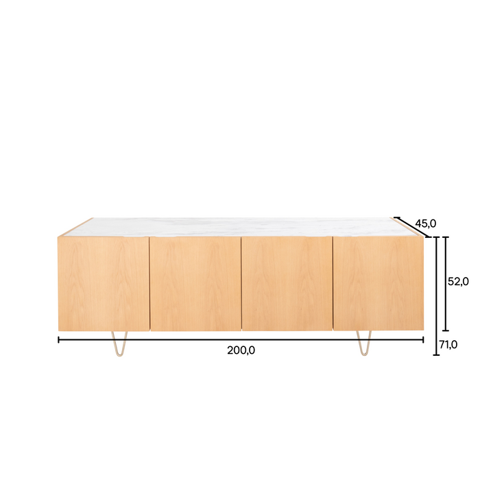 Pisa oak sideboard with white marble, 200 cm