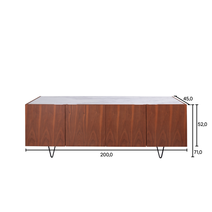 Pisa walnut sideboard with white marble, 200 cm