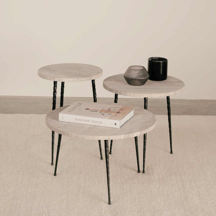White travertine side table with black legs 40 cm