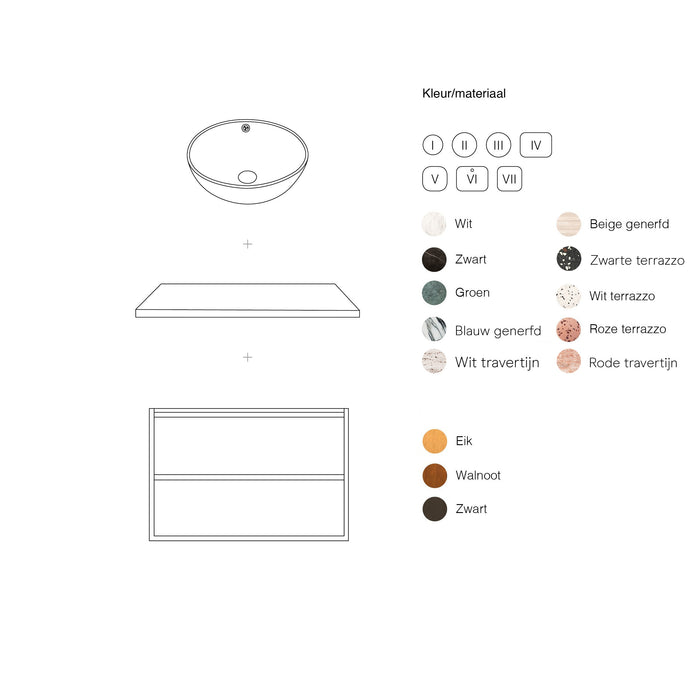 Badezimmerschrank Fien aus Walnuss mit Waschschale Alexis und Marmor-Abdeckplatte 80 cm