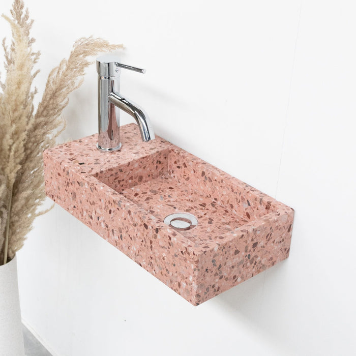 Lave-mains Porto en terrazzo rose avec trou de robinetterie à gauche