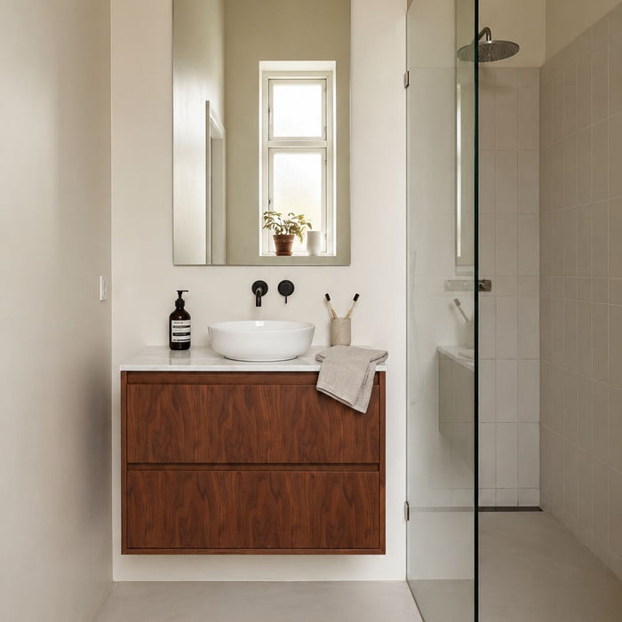 Ann walnut bathroom vanity with white marble and sink Alexis II 80 cm