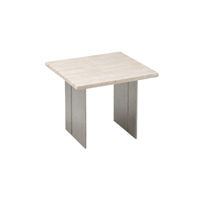 Side table Riva W55 D55 H45 - Brushed steel leg - White travertine tabletop - Satin finish