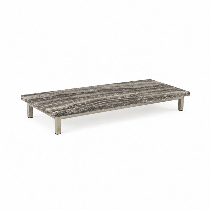 Salontafel Marais B168 D71 H20 - Geborsteld poten - Zilver grijs travertijn - Rechte rand - Gevuld - Satijnen afwerking