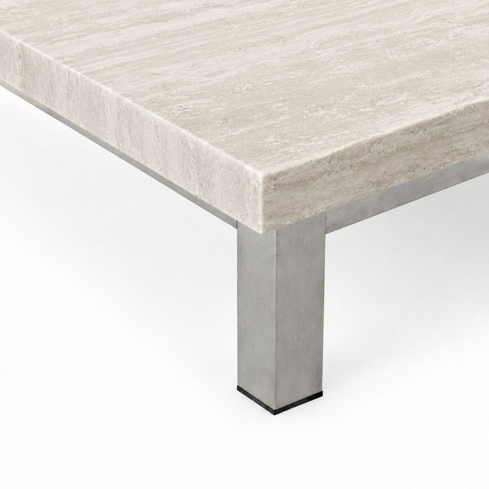 Mesa de centro Marais B168 D71 H20 - Patas cepilladas - Travertino blanco - Borde recto - Relleno - Acabado satinado