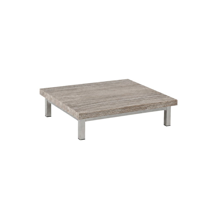 Salontafel Marais - B80 D80 H20 - Geborsteld stalen poten - Grijs zilver travertijn tafelblad - Rechte rand - Tafelblad 5 cm