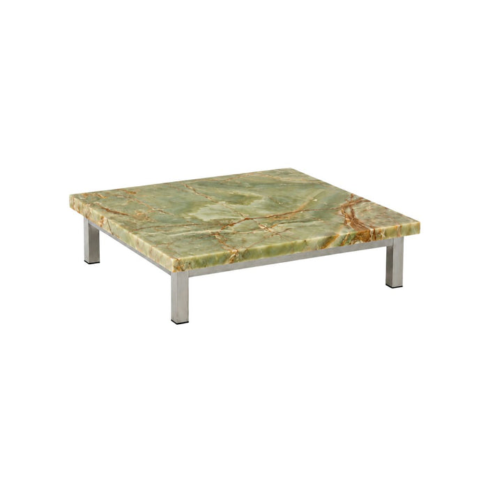 Table basse Marais - L80 P80 H20 - Pieds en acier brossé - Plateau en onyx vert - Bord droit - Plateau de 5 cm