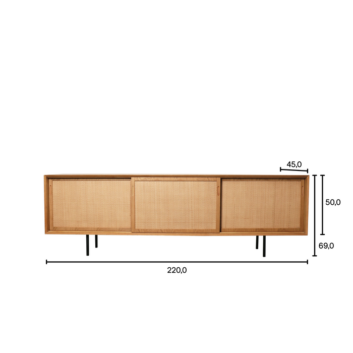 Aparador vintage Oskar de roble/ratán natural 220 cm
