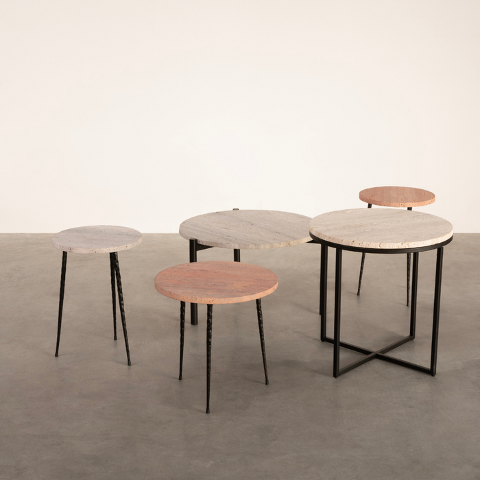 White travertine side table with black legs 40 cm