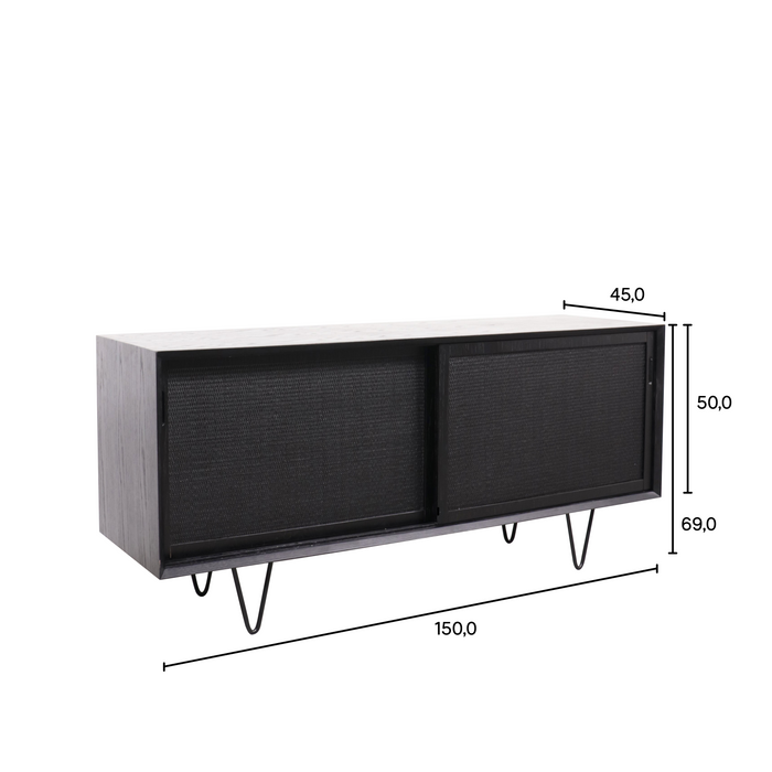Zwart rotan dressoir Oskar met riet 150 cm