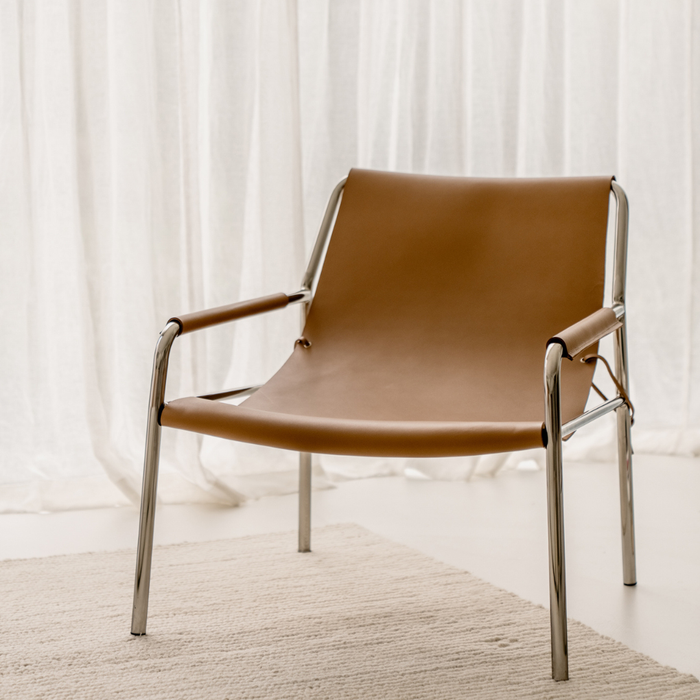 Fauteuil Azur en cuir cognac clair et acier