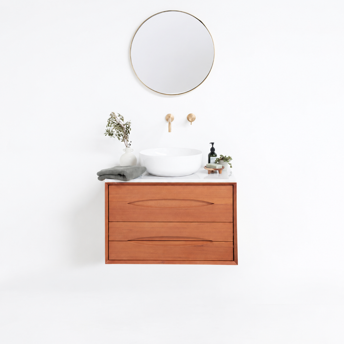 Meuble de salle de bain Bill en teck avec lavabo Alexis II et plateau supérieur en marbre blanc
