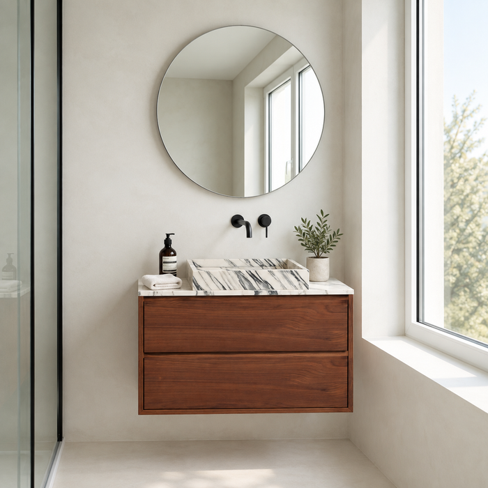 Conjunto de baño Ann nogal con mármol azul y blanco 80 cm