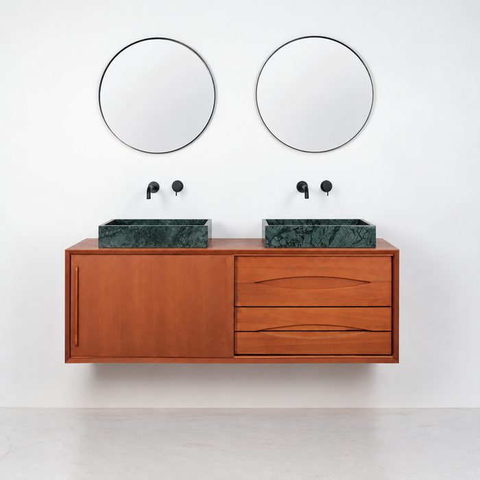 Meuble de salle de bains Bill en teck avec lavabo en marbre vert, sans plateau supérieur