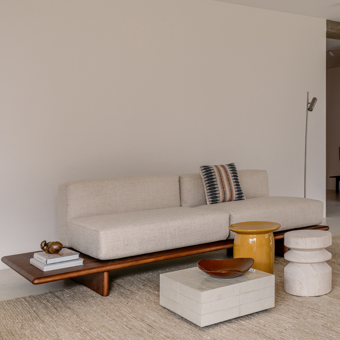 Daro bench, dark walnut, with spotted sandstone weave fabric seat, 250 cm