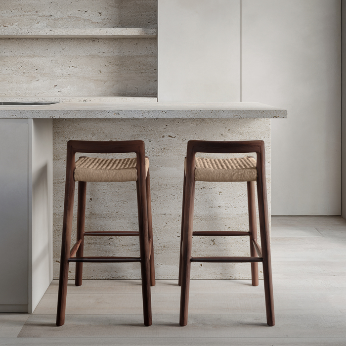 Taburete de bar Nulla de acacia color nogal con tejido trenzado 65 cm