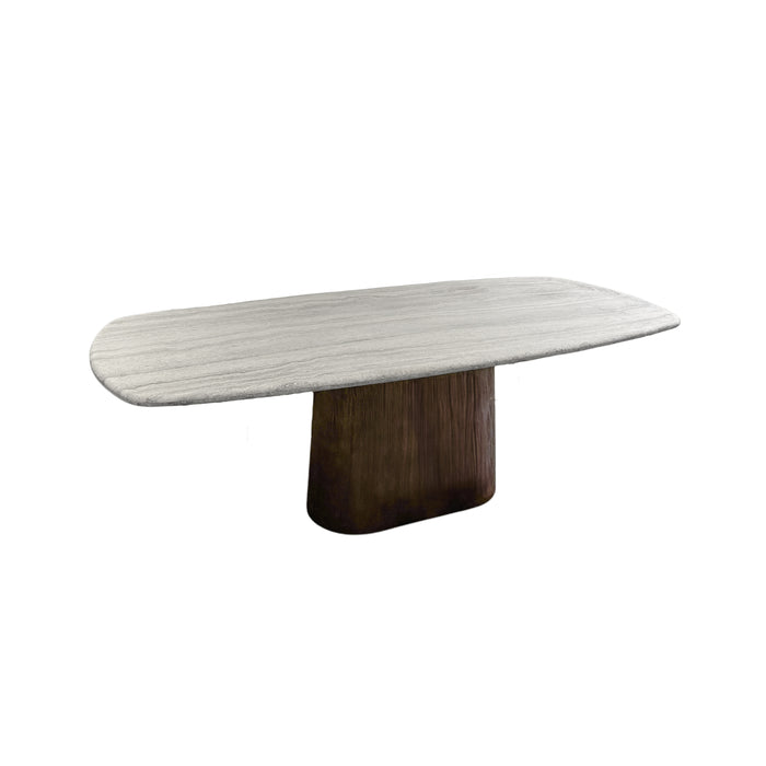 Table à manger rectangulaire Lorient en travertin gris avec piètement en bois smoke