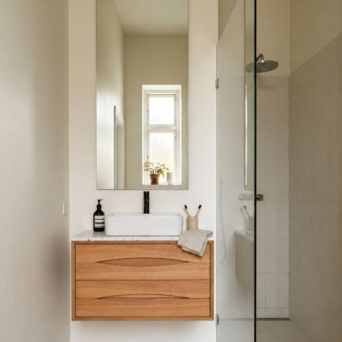 Bill oak bathroom vanity with Alexis VI sink and terrazzo countertop