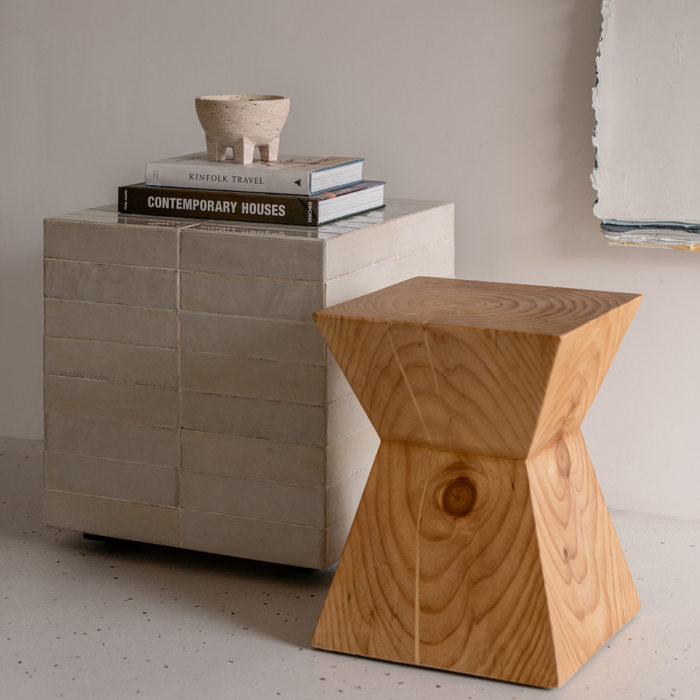Mesa de centro Vence con azulejos beige claro, alta, 39 cm