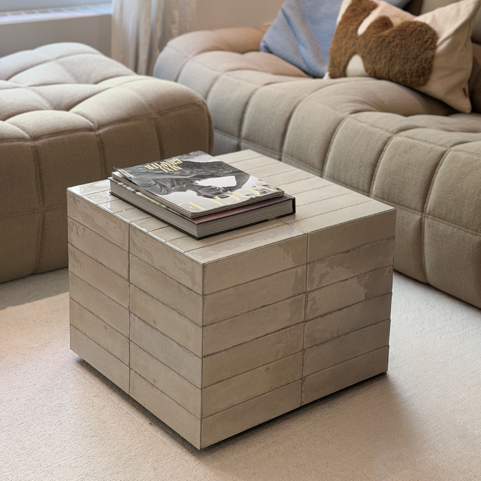 Mesa de centro Vence con azulejos beige claro, alta, 39 cm