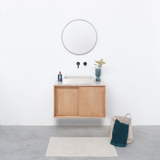Zwevend eik houten badkamerkast met schuifdeuren, marmeren lavabo en plaat