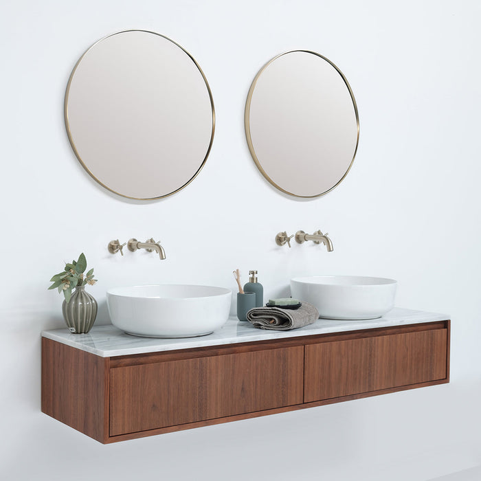 Walnoot badkamerkast Ann kort met wit marmeren wastafelblad - 150 cm
