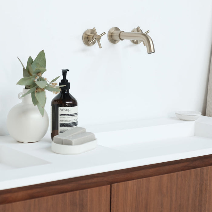 Ann short walnut bathroom set with Julian matte white washbasin, 150 cm