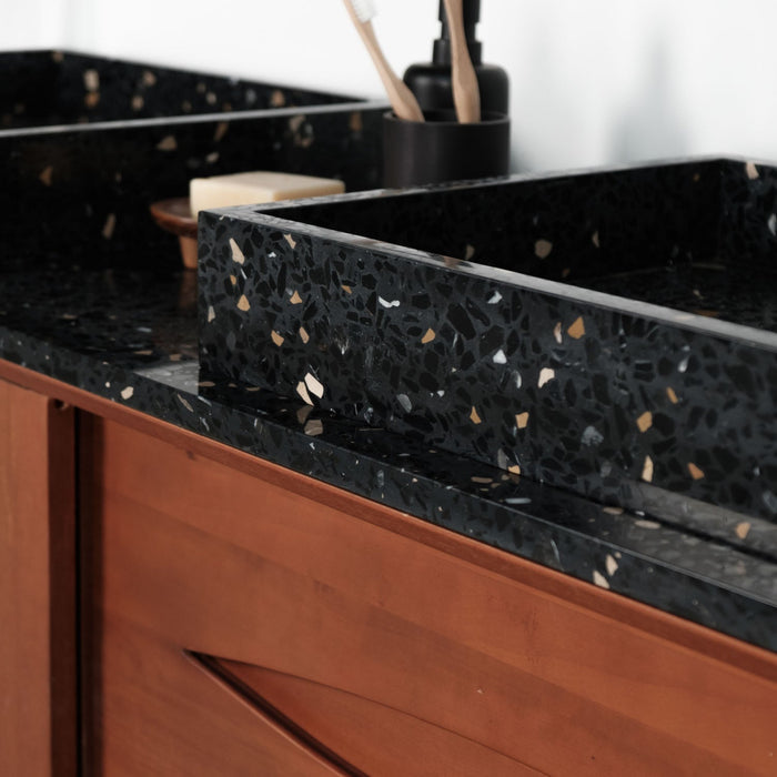 Bill teak bathroom set with black terrazzo countertop and basins