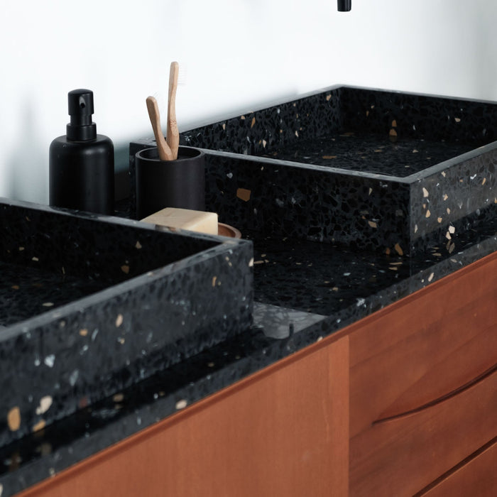 Bill teak bathroom set with black terrazzo countertop and basins