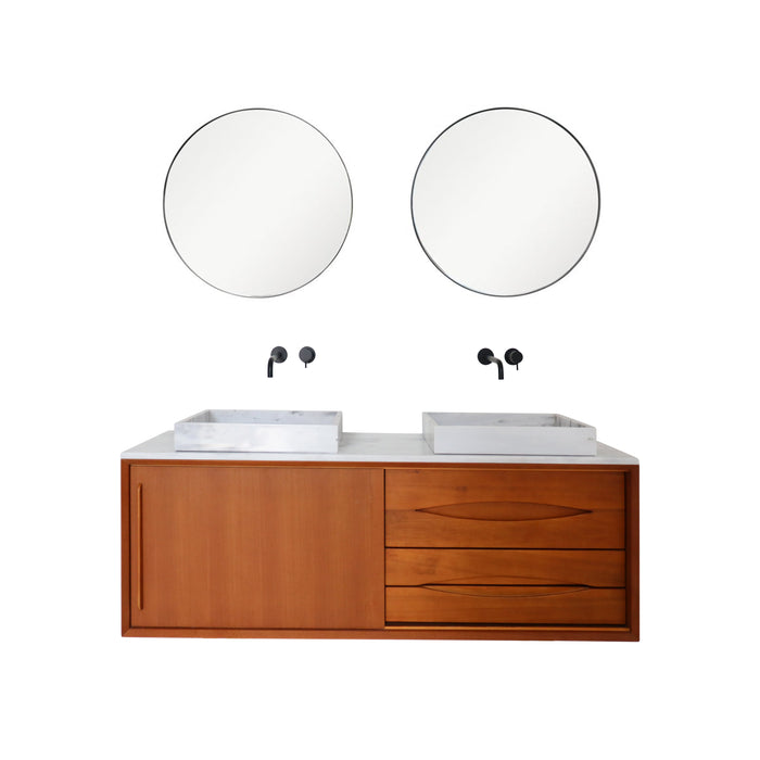 Meuble de salle de bains Bill en teck avec lavabo en marbre blanc George et plateau supérieur Marcel