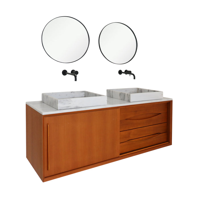 Meuble de salle de bains Bill en teck avec lavabo en marbre blanc George et plateau supérieur Marcel